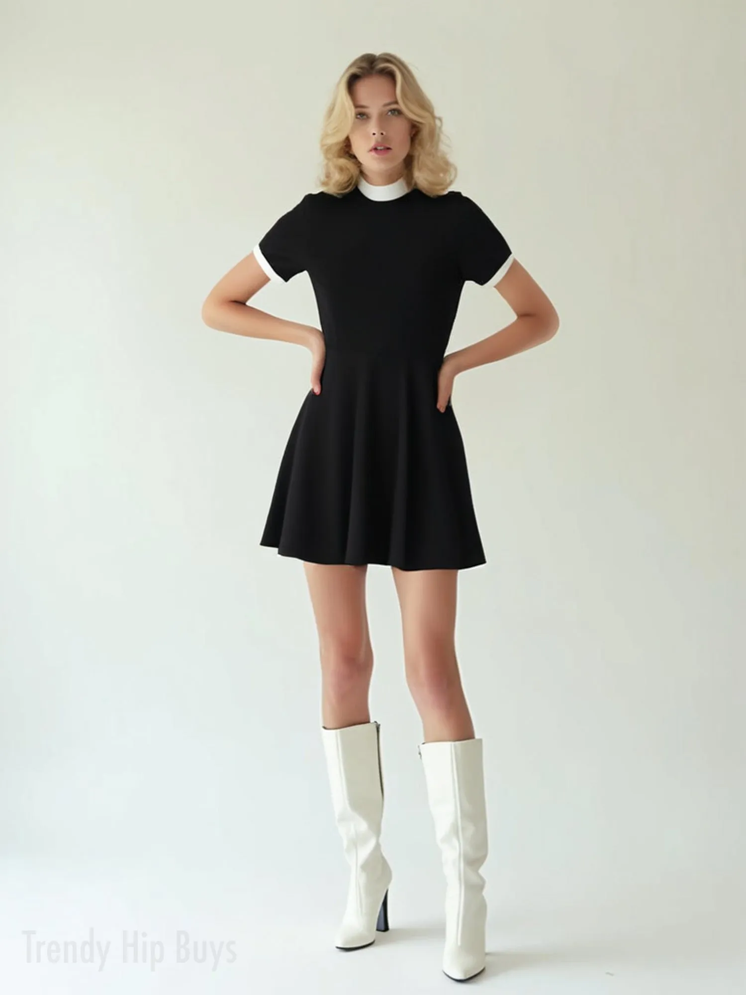 60s Mod Black Mini Dress | Retro Black and White Turtleneck A-Line Mini Dress