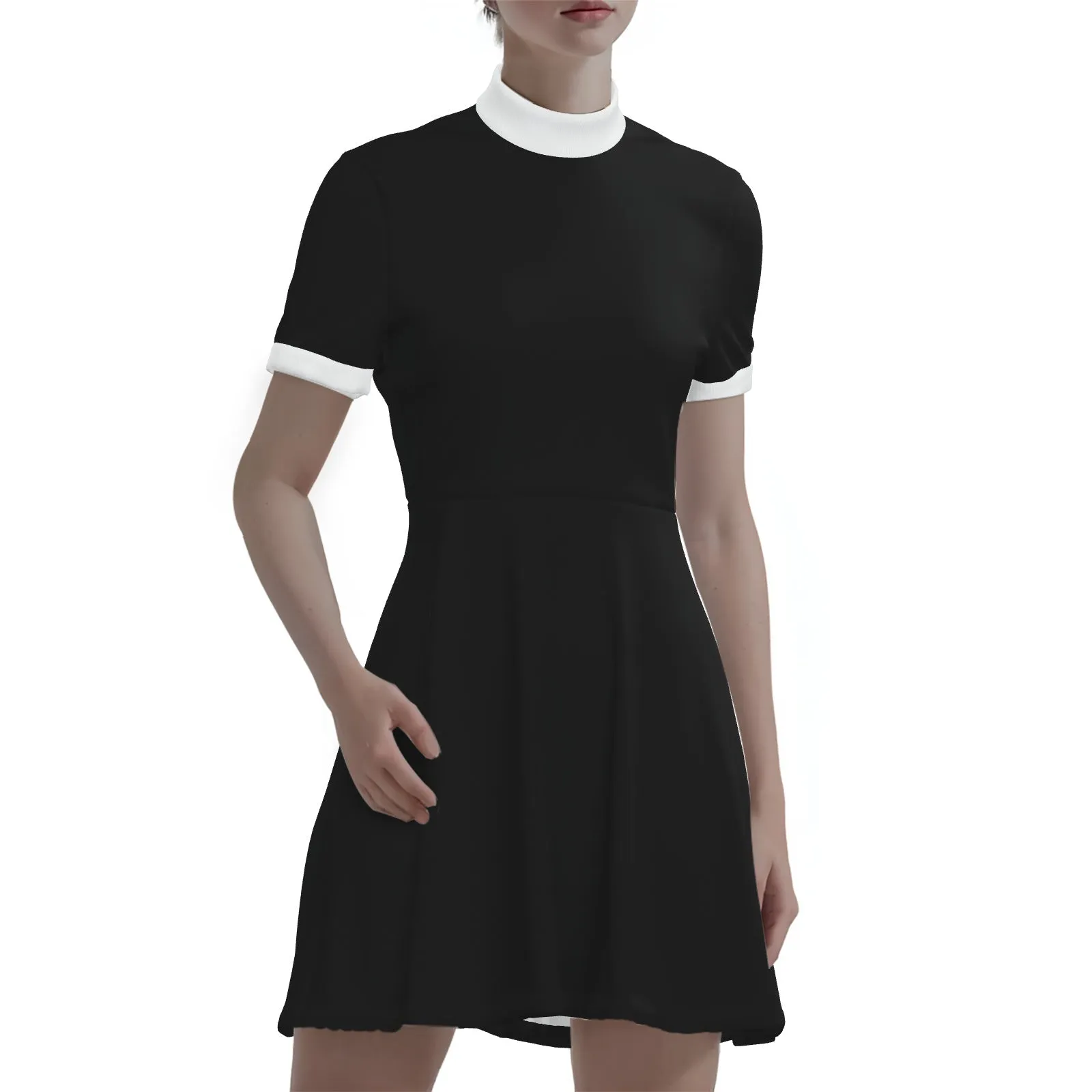 60s Mod Black Mini Dress | Retro Black and White Turtleneck A-Line Mini Dress