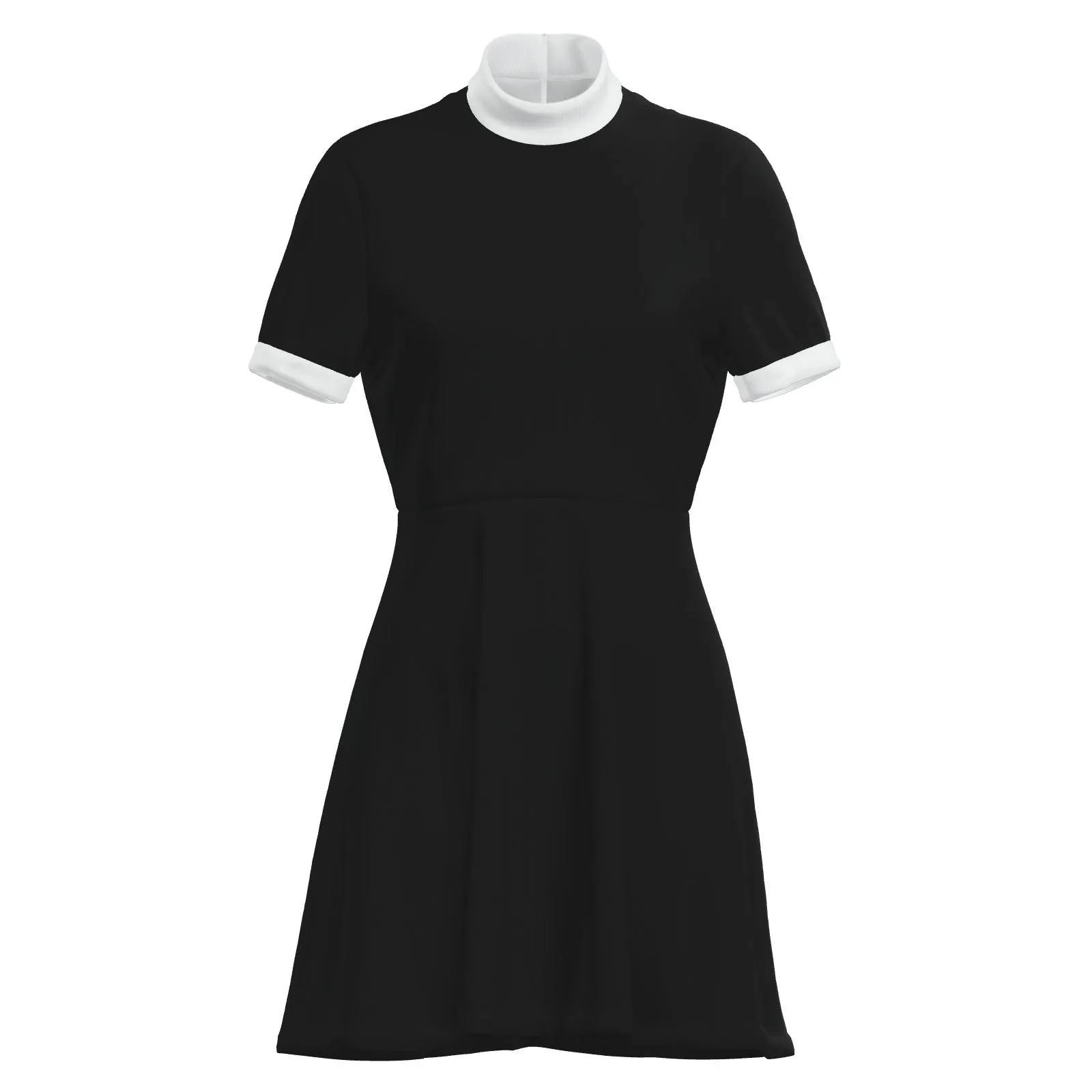 60s Mod Black Mini Dress | Retro Black and White Turtleneck A-Line Mini Dress