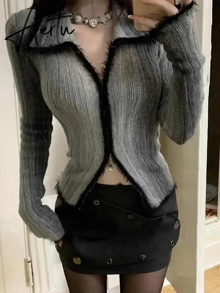 Aiertu  Spring Gothic Sweater Women Knitted Cardigan Patchwork Y2k Vintage Tops Streetwear Korean Style Fashion Casual Sweater