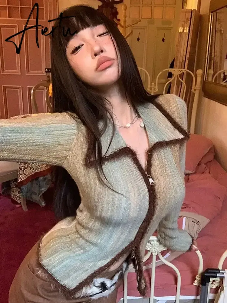 Aiertu  Spring Gothic Sweater Women Knitted Cardigan Patchwork Y2k Vintage Tops Streetwear Korean Style Fashion Casual Sweater