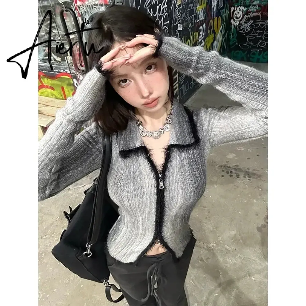 Aiertu  Spring Gothic Sweater Women Knitted Cardigan Patchwork Y2k Vintage Tops Streetwear Korean Style Fashion Casual Sweater