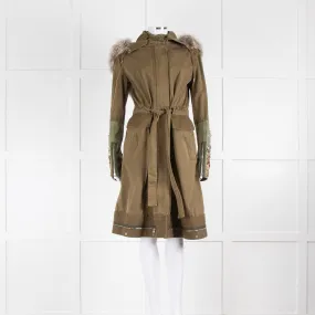 Alexander McQueen Khaki Jewelled Military Coat With Fur Collar