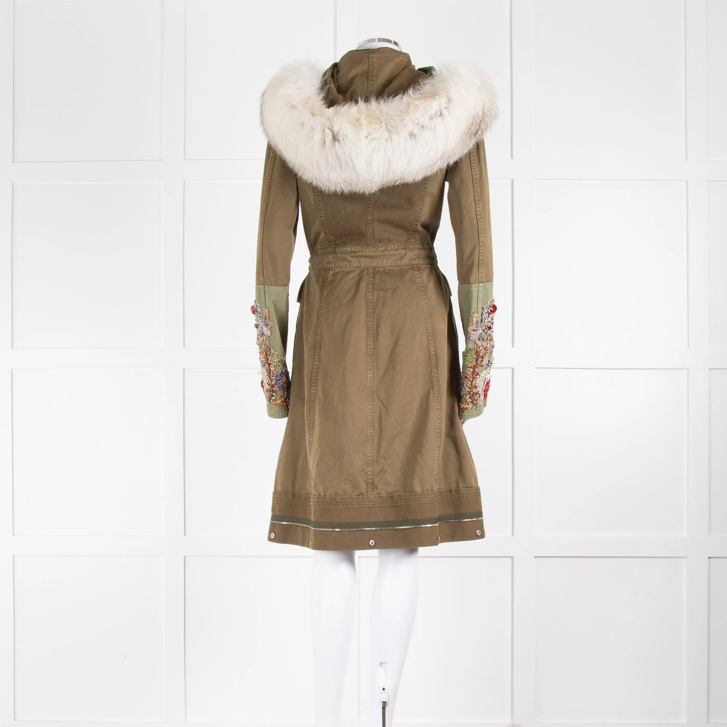 Alexander McQueen Khaki Jewelled Military Coat With Fur Collar