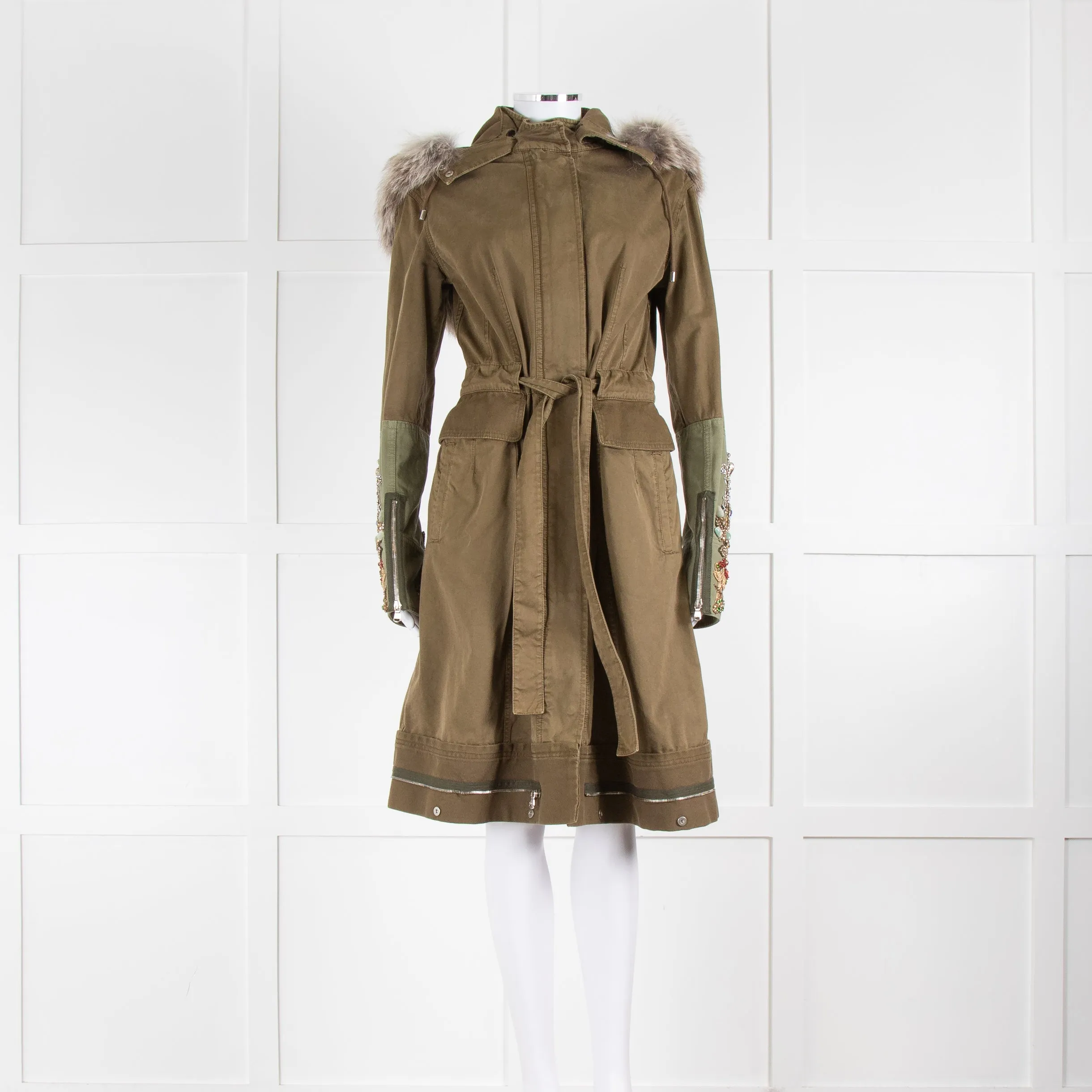 Alexander McQueen Khaki Jewelled Military Coat With Fur Collar