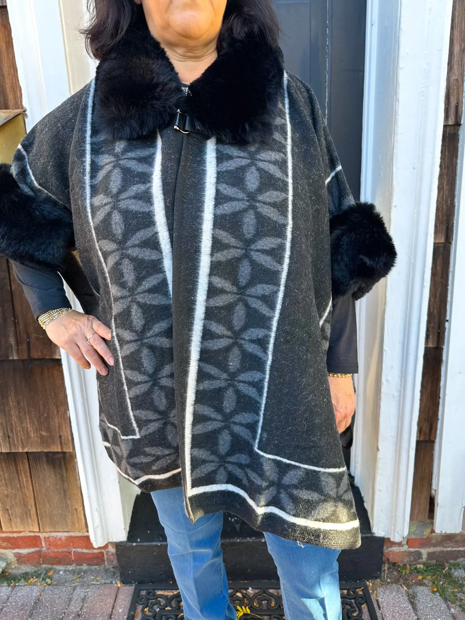 Black Flower Faux Fur Wrap