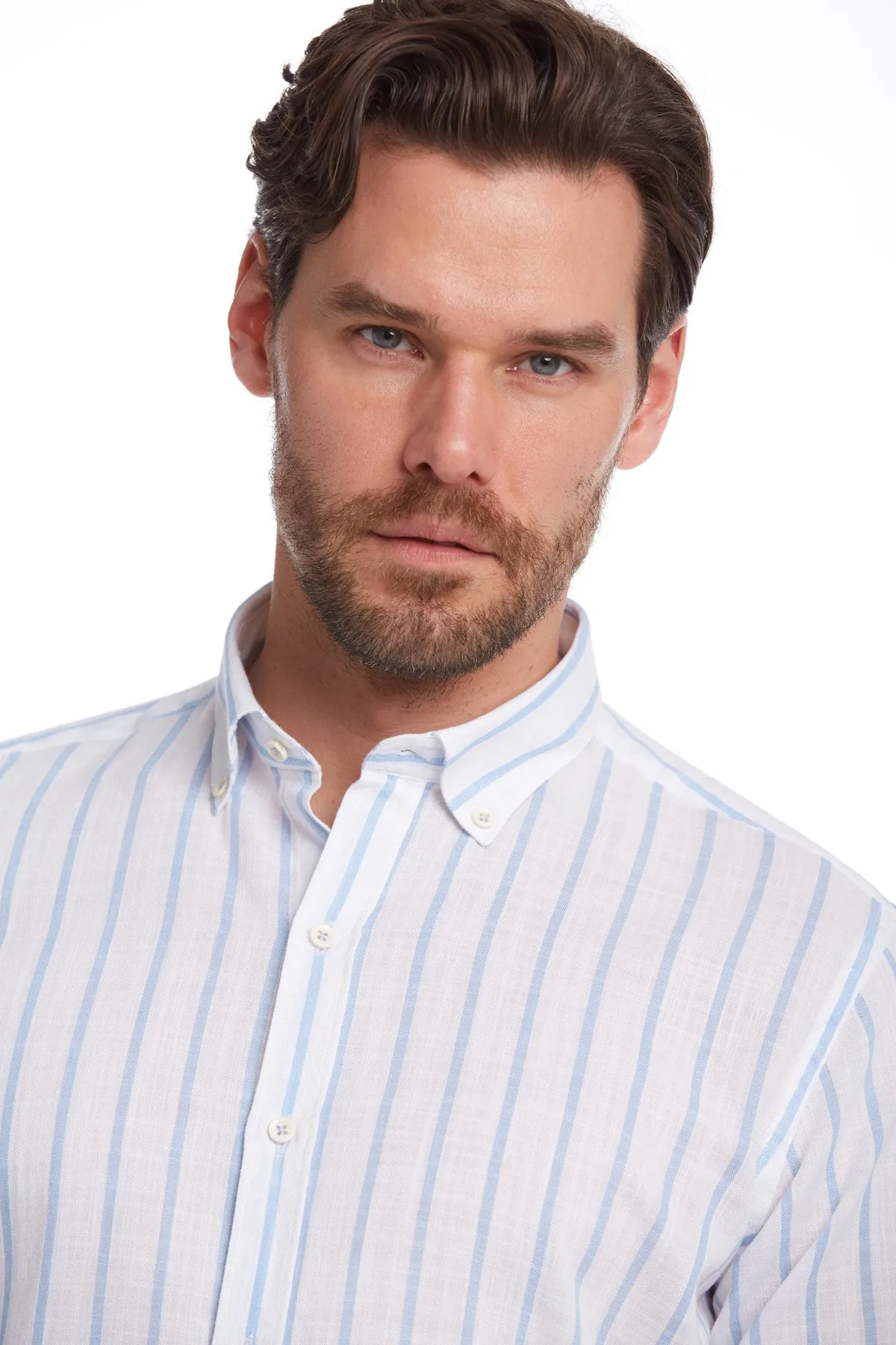 Comfort Fit Pinstripe Cotton Light Blue Casual Shirt