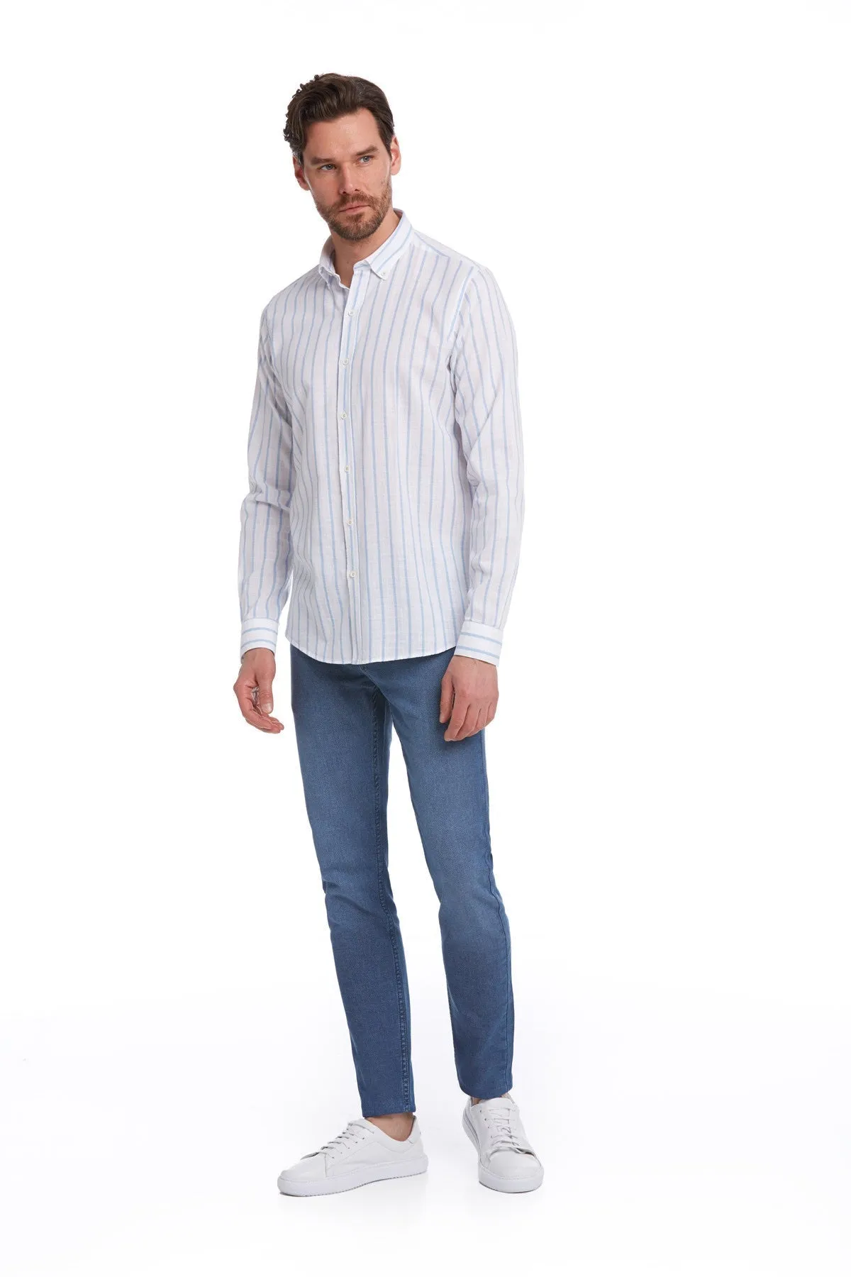 Comfort Fit Pinstripe Cotton Light Blue Casual Shirt