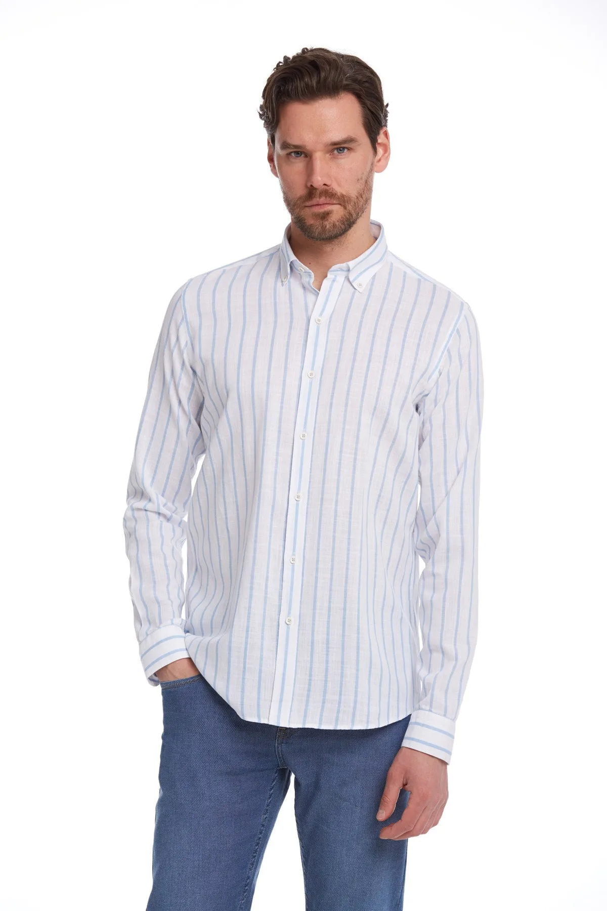 Comfort Fit Pinstripe Cotton Light Blue Casual Shirt