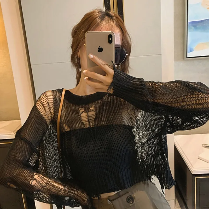 Fashionkova  Black Gothic Thin Women Pullover Loose Sweater 2024 Lady Hollow Out Hole Broken Streetwear Stretch Split Knit Short Top
