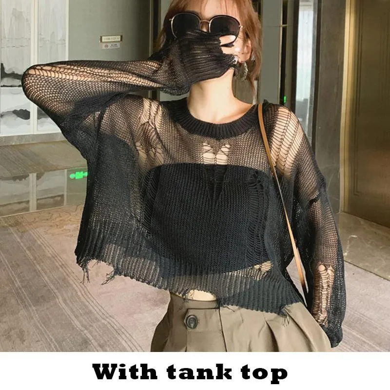 Fashionkova  Black Gothic Thin Women Pullover Loose Sweater 2024 Lady Hollow Out Hole Broken Streetwear Stretch Split Knit Short Top