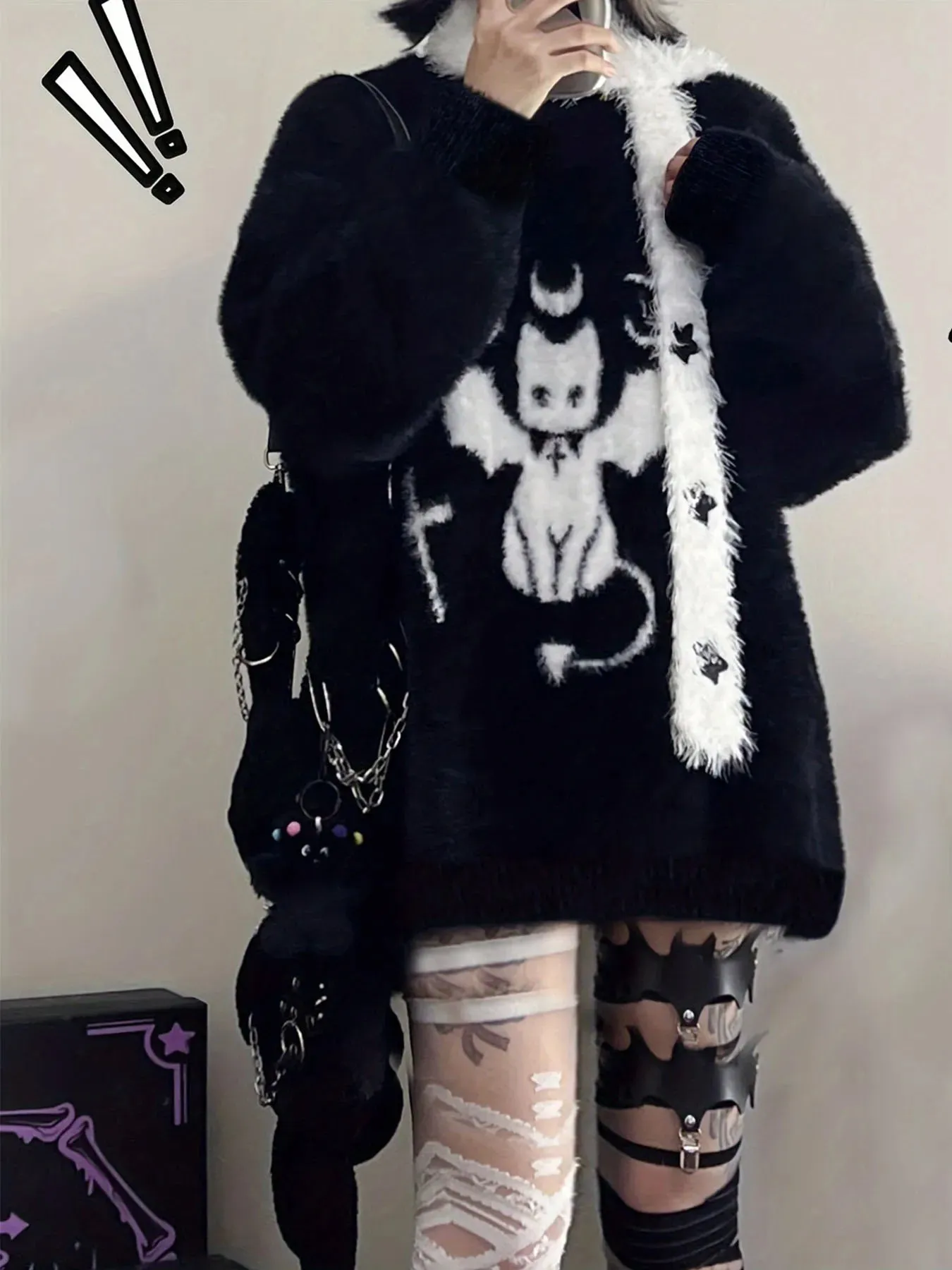 Fashionkova Women's Y2K Devil Jacquard Pullover Knit Sweater for Winter Gothic Style Furry Pullover Sweaters for Female