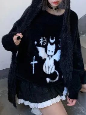 Fashionkova Women's Y2K Devil Jacquard Pullover Knit Sweater for Winter Gothic Style Furry Pullover Sweaters for Female
