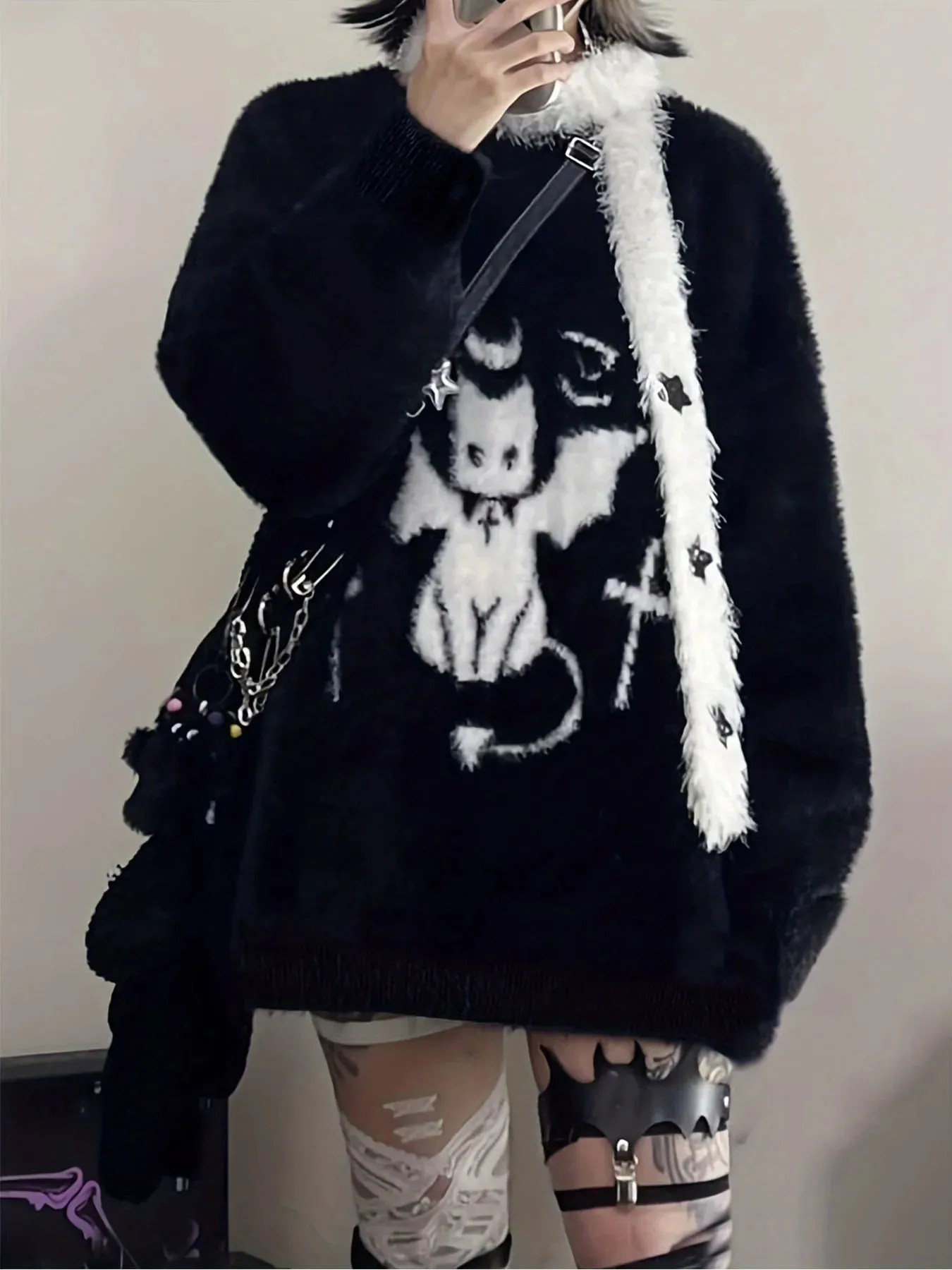 Fashionkova Women's Y2K Devil Jacquard Pullover Knit Sweater for Winter Gothic Style Furry Pullover Sweaters for Female