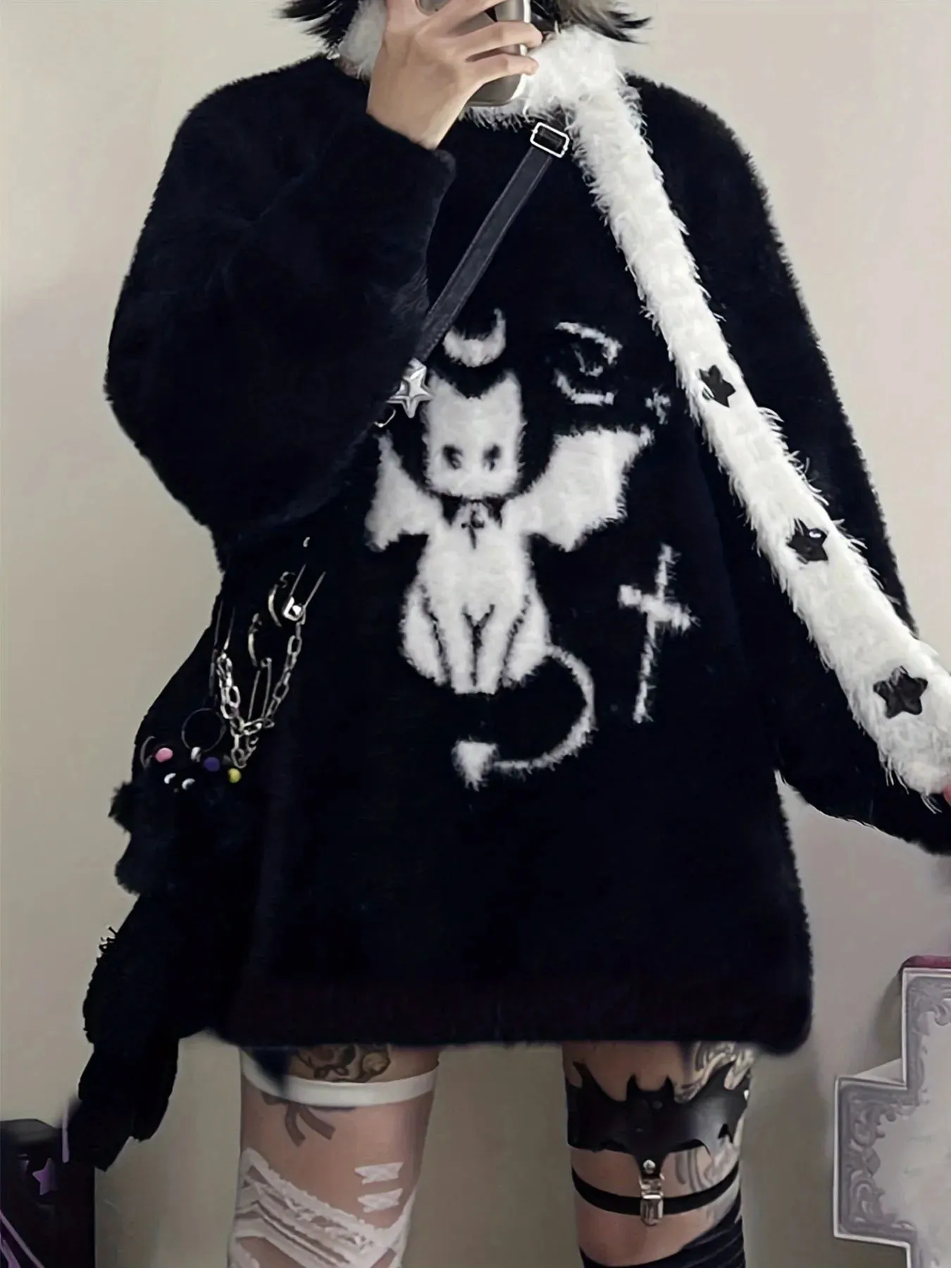 Fashionkova Women's Y2K Devil Jacquard Pullover Knit Sweater for Winter Gothic Style Furry Pullover Sweaters for Female
