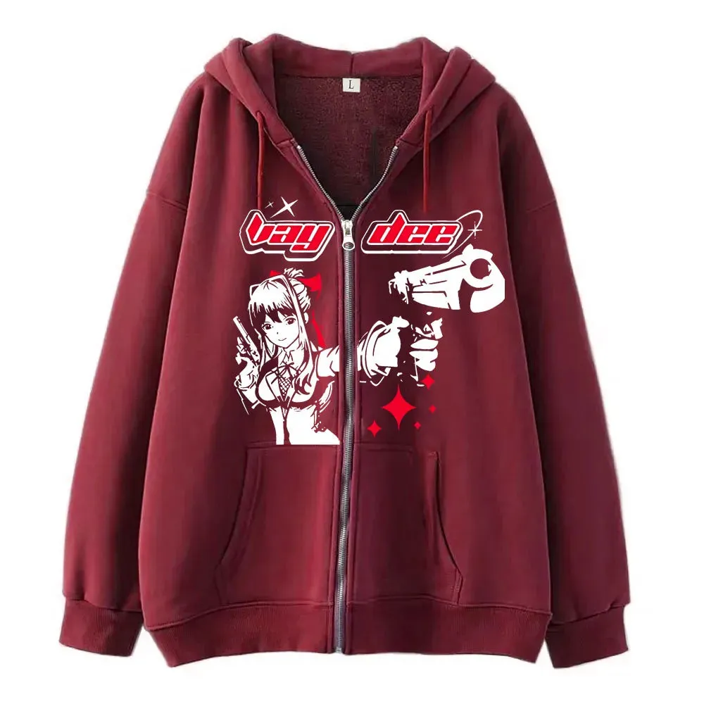 Flytonn-Harajuku Gun Girl Printed Hoodies women Japanese Casual Cardigan Oversize zip up hoodie gothic y2k tops high street sweatshirt