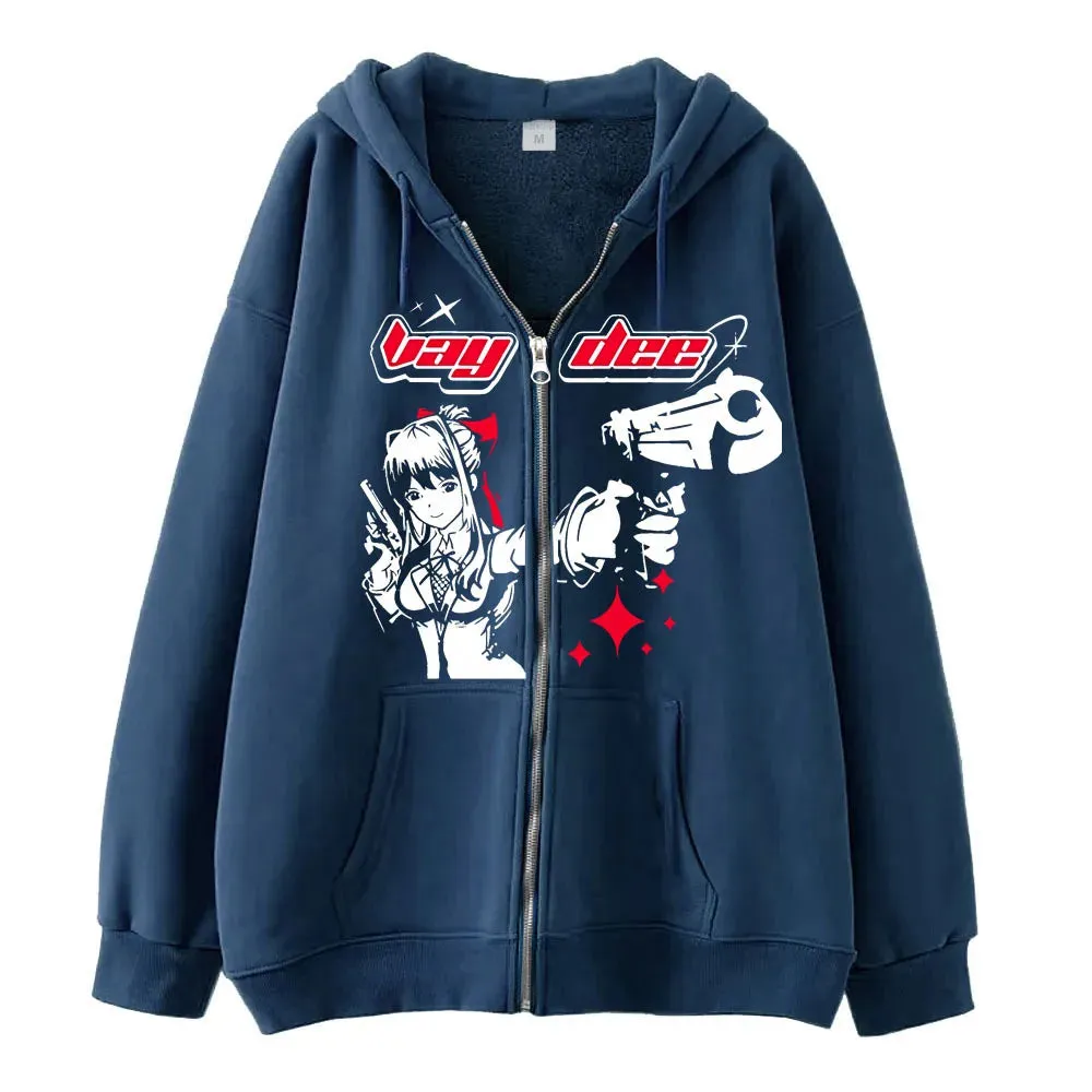 Flytonn-Harajuku Gun Girl Printed Hoodies women Japanese Casual Cardigan Oversize zip up hoodie gothic y2k tops high street sweatshirt