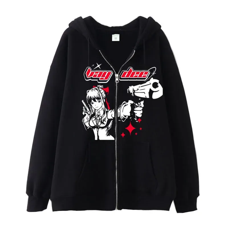 Flytonn-Harajuku Gun Girl Printed Hoodies women Japanese Casual Cardigan Oversize zip up hoodie gothic y2k tops high street sweatshirt