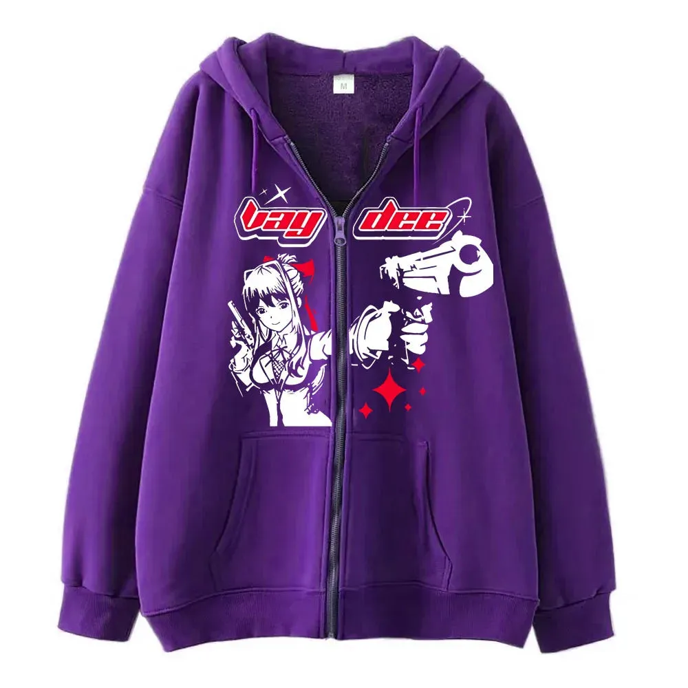 Flytonn-Harajuku Gun Girl Printed Hoodies women Japanese Casual Cardigan Oversize zip up hoodie gothic y2k tops high street sweatshirt