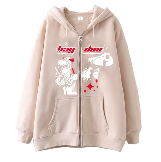 Flytonn-Harajuku Gun Girl Printed Hoodies women Japanese Casual Cardigan Oversize zip up hoodie gothic y2k tops high street sweatshirt