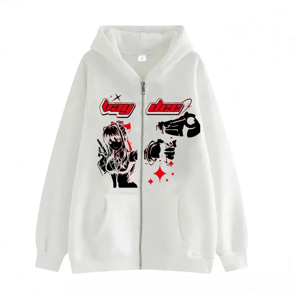 Flytonn-Harajuku Gun Girl Printed Hoodies women Japanese Casual Cardigan Oversize zip up hoodie gothic y2k tops high street sweatshirt