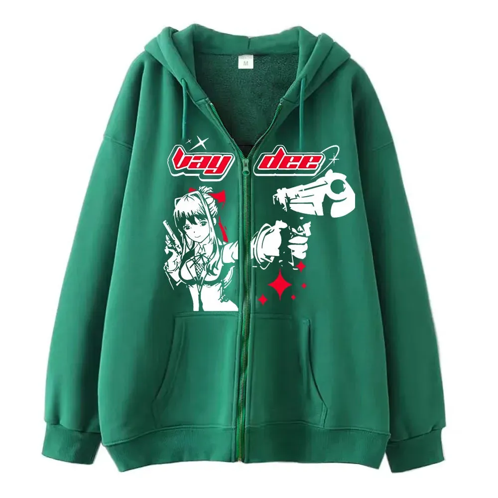 Flytonn-Harajuku Gun Girl Printed Hoodies women Japanese Casual Cardigan Oversize zip up hoodie gothic y2k tops high street sweatshirt