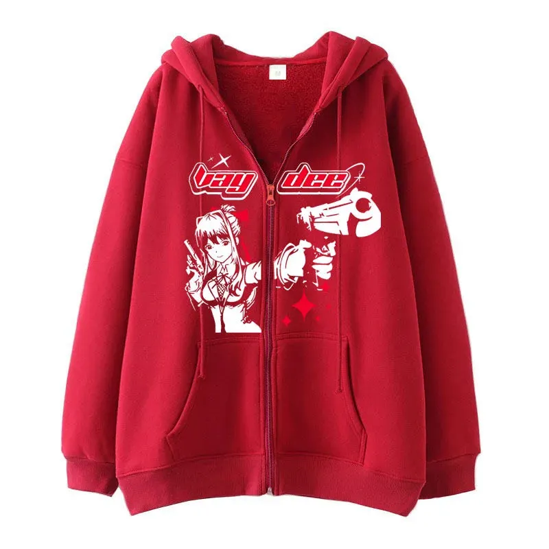 Flytonn-Harajuku Gun Girl Printed Hoodies women Japanese Casual Cardigan Oversize zip up hoodie gothic y2k tops high street sweatshirt