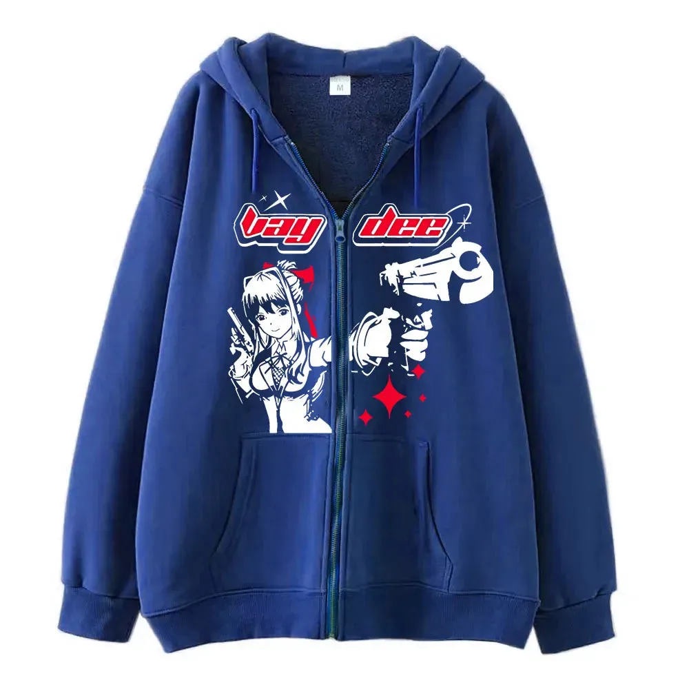 Flytonn-Harajuku Gun Girl Printed Hoodies women Japanese Casual Cardigan Oversize zip up hoodie gothic y2k tops high street sweatshirt
