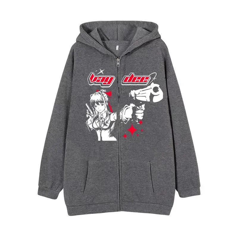 Flytonn-Harajuku Gun Girl Printed Hoodies women Japanese Casual Cardigan Oversize zip up hoodie gothic y2k tops high street sweatshirt