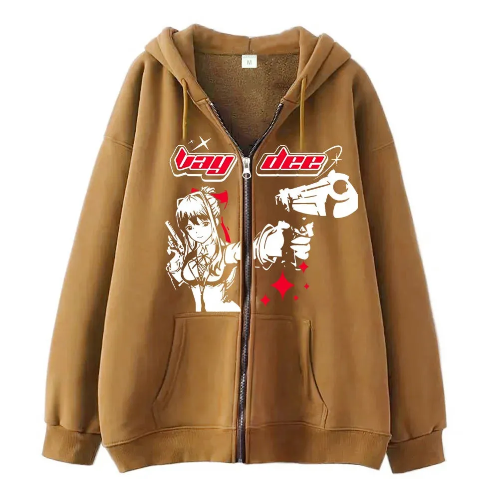 Flytonn-Harajuku Gun Girl Printed Hoodies women Japanese Casual Cardigan Oversize zip up hoodie gothic y2k tops high street sweatshirt