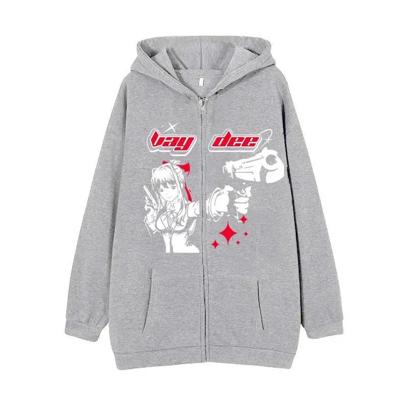 Flytonn-Harajuku Gun Girl Printed Hoodies women Japanese Casual Cardigan Oversize zip up hoodie gothic y2k tops high street sweatshirt