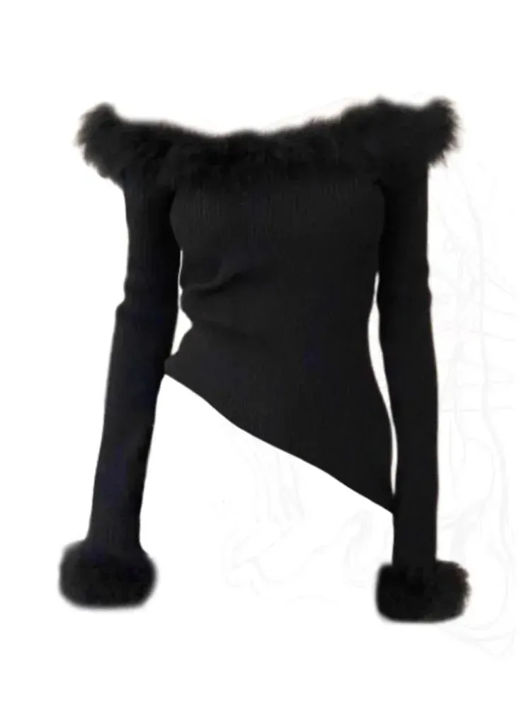 Girlary High Street Fashion Slim Slash Neck Knitted Sweater Plush Long Sleeve Black Pullovers Clubwear Gothic 2000s Aesthetic Coquette