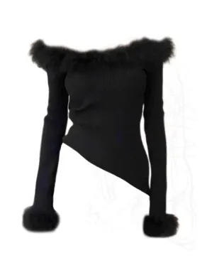 Girlary High Street Fashion Slim Slash Neck Knitted Sweater Plush Long Sleeve Black Pullovers Clubwear Gothic 2000s Aesthetic Coquette