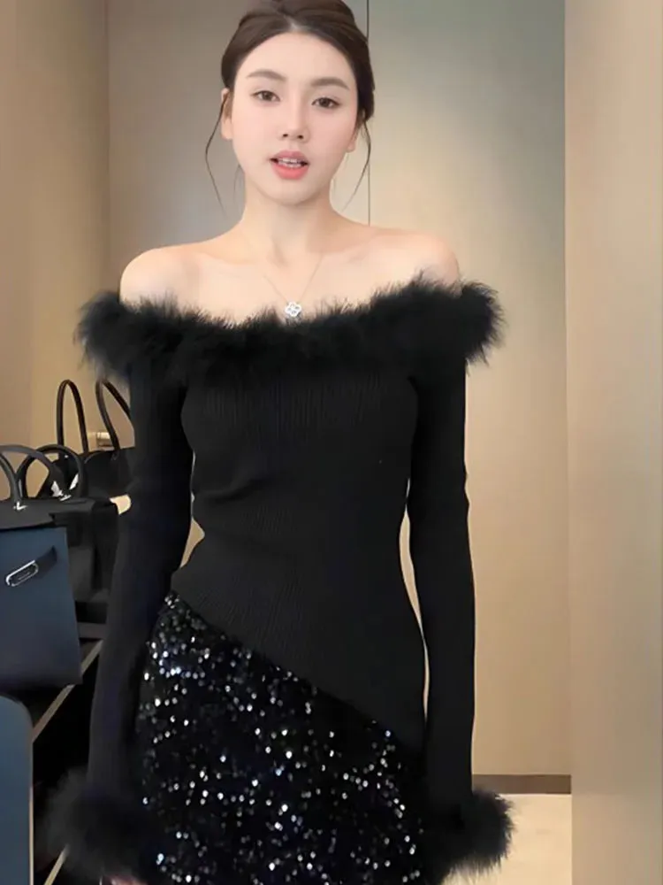 Girlary High Street Fashion Slim Slash Neck Knitted Sweater Plush Long Sleeve Black Pullovers Clubwear Gothic 2000s Aesthetic Coquette