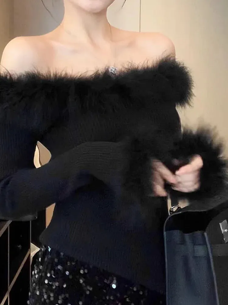 Girlary High Street Fashion Slim Slash Neck Knitted Sweater Plush Long Sleeve Black Pullovers Clubwear Gothic 2000s Aesthetic Coquette