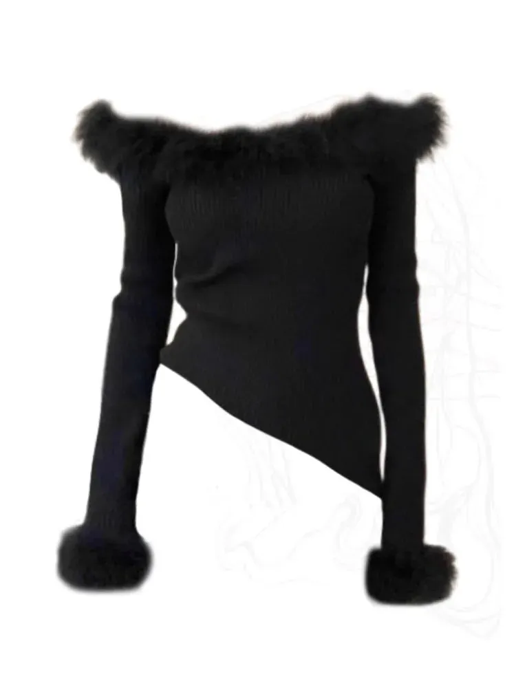 Girlary High Street Fashion Slim Slash Neck Knitted Sweater Plush Long Sleeve Black Pullovers Clubwear Gothic 2000s Aesthetic Coquette