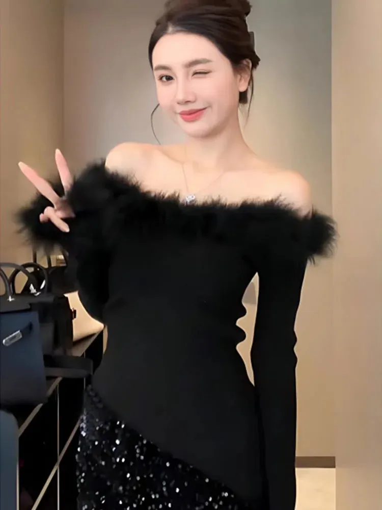 Girlary High Street Fashion Slim Slash Neck Knitted Sweater Plush Long Sleeve Black Pullovers Clubwear Gothic 2000s Aesthetic Coquette