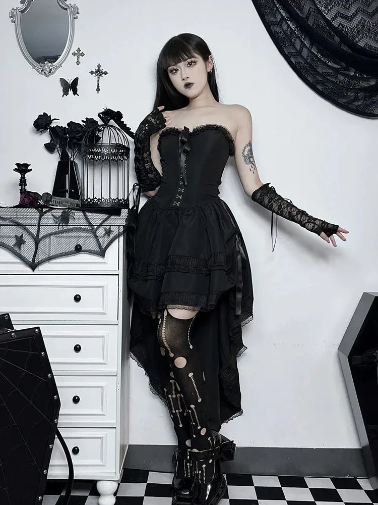 Gothic Bodycon Lace Hi Trim Corset Low Swing Evening Strapless Sleeveless Dress