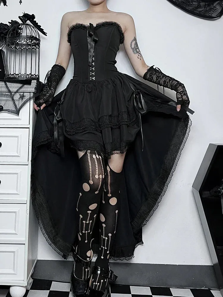 Gothic Bodycon Lace Hi Trim Corset Low Swing Evening Strapless Sleeveless Dress