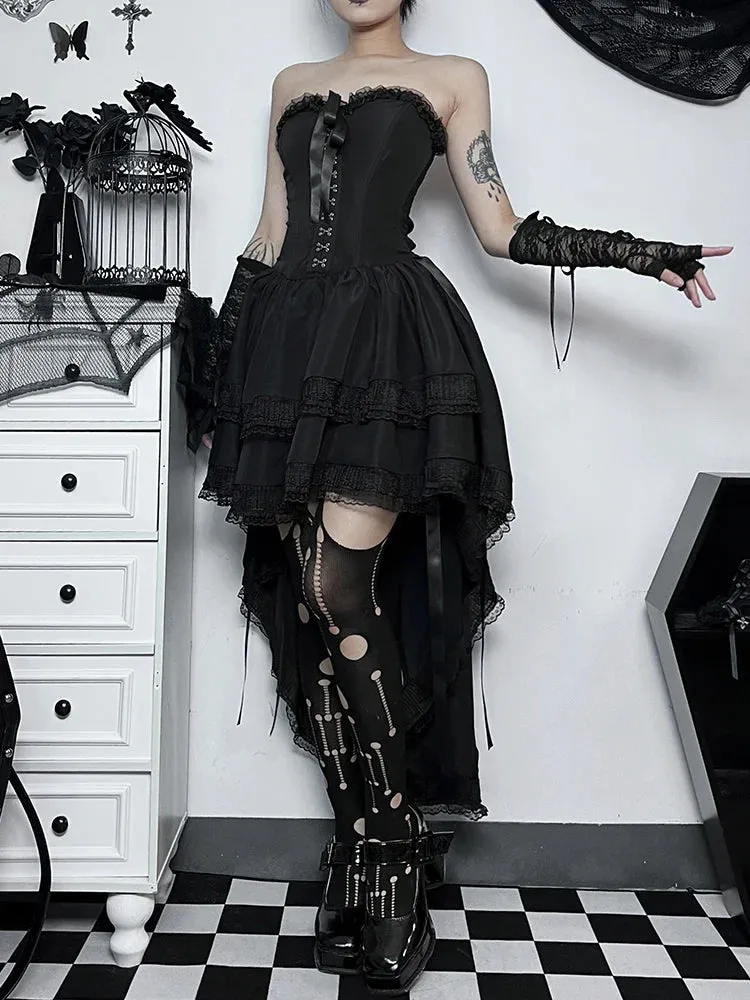 Gothic Bodycon Lace Hi Trim Corset Low Swing Evening Strapless Sleeveless Dress