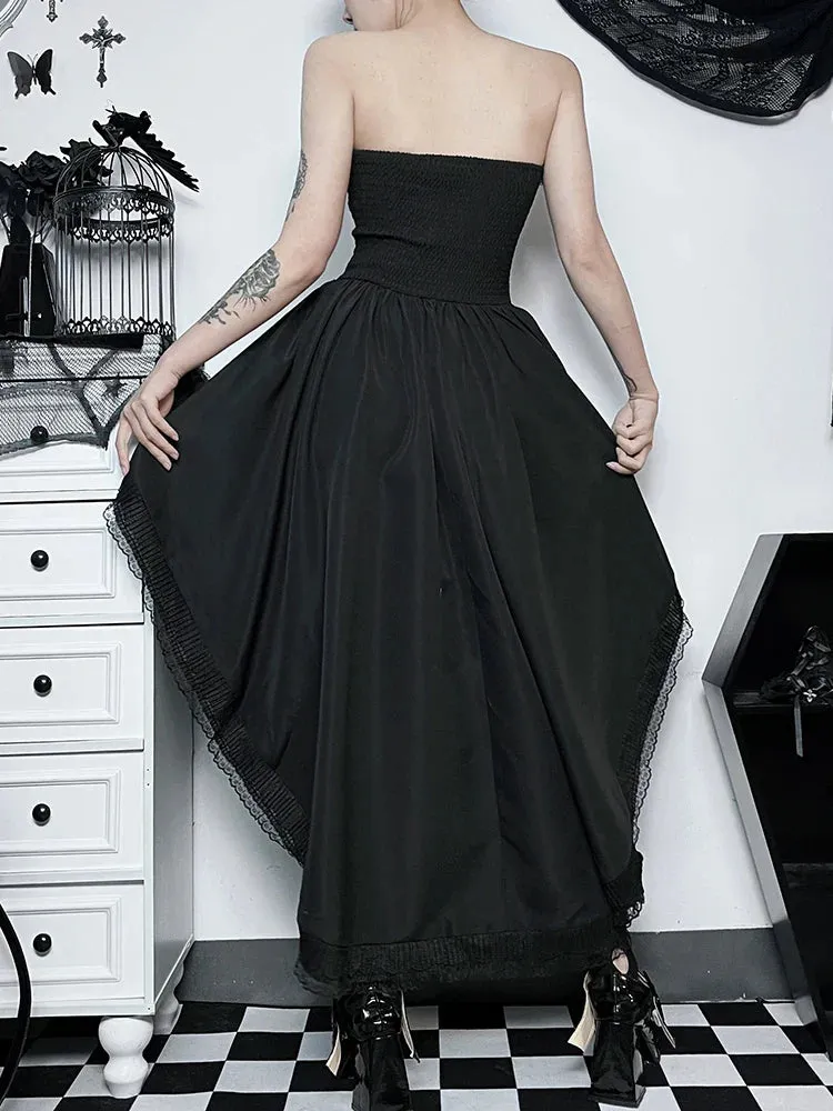 Gothic Bodycon Lace Hi Trim Corset Low Swing Evening Strapless Sleeveless Dress