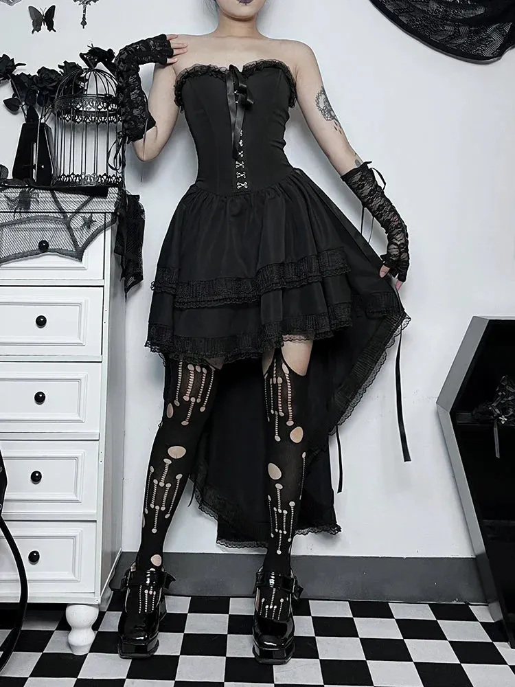 Gothic Bodycon Lace Hi Trim Corset Low Swing Evening Strapless Sleeveless Dress