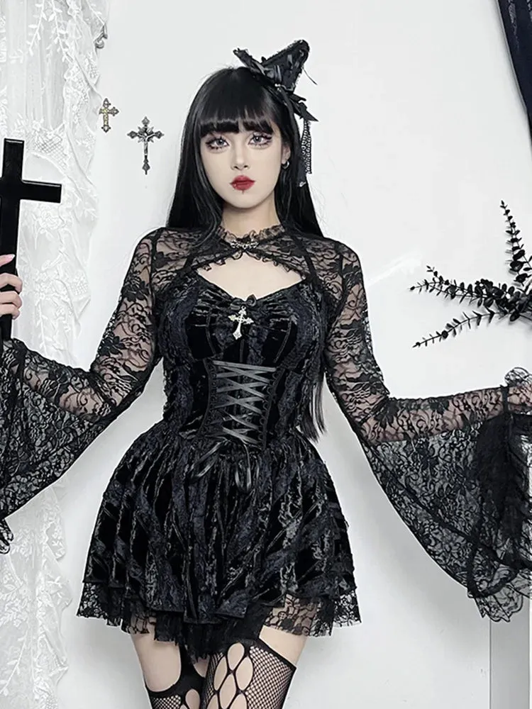 Gothic Cocktail Club Velvet Neck V Draped Mini Bandage Sleeveless Silky Retro Halter Bodycon Dress