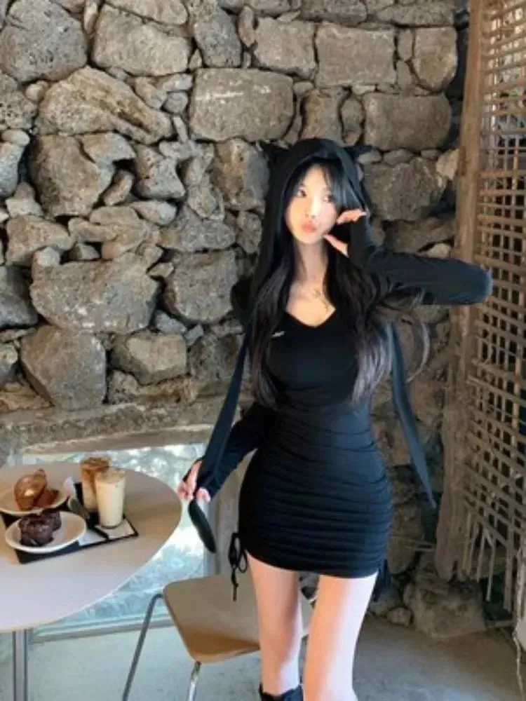 Gothic Goth Sexy Harajuku Bandage Bodycon Wrap Black Mini Dress Women Spring Autumn Y2K Party Short Dresses Korean