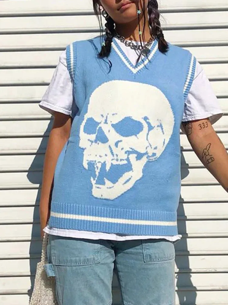 Gothic Skull Print Autumn Winter Woman Sweaters Y2K Fashion Loose Pullover Harajuku Knitted Sweater Ladies Pull Femme