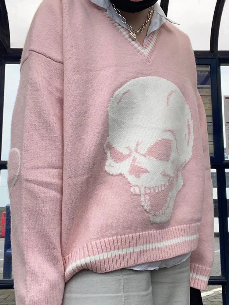 Gothic Skull Print Autumn Winter Woman Sweaters Y2K Fashion Loose Pullover Harajuku Knitted Sweater Ladies Pull Femme