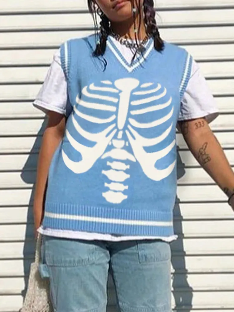Gothic Skull Print Autumn Winter Woman Sweaters Y2K Fashion Loose Pullover Harajuku Knitted Sweater Ladies Pull Femme