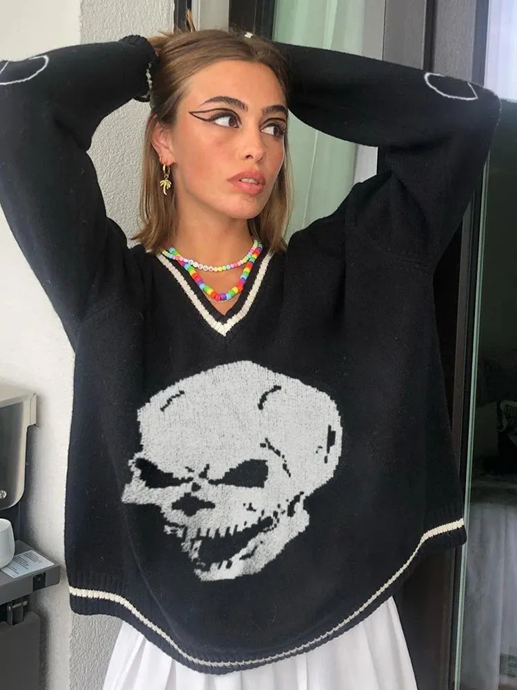 Gothic Skull Print Autumn Winter Woman Sweaters Y2K Fashion Loose Pullover Harajuku Knitted Sweater Ladies Pull Femme