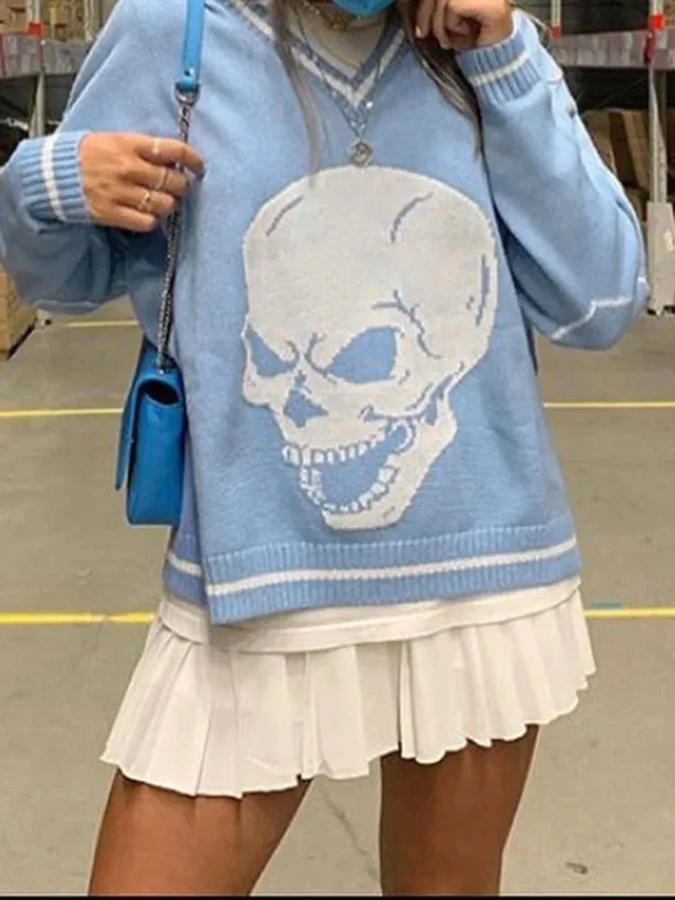 Gothic Skull Print Autumn Winter Woman Sweaters Y2K Fashion Loose Pullover Harajuku Knitted Sweater Ladies Pull Femme