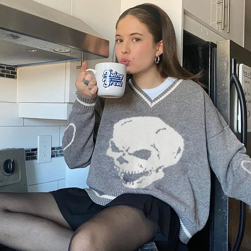 Gothic Skull Print Autumn Winter Woman Sweaters Y2K Fashion Loose Pullover Harajuku Knitted Sweater Ladies Pull Femme